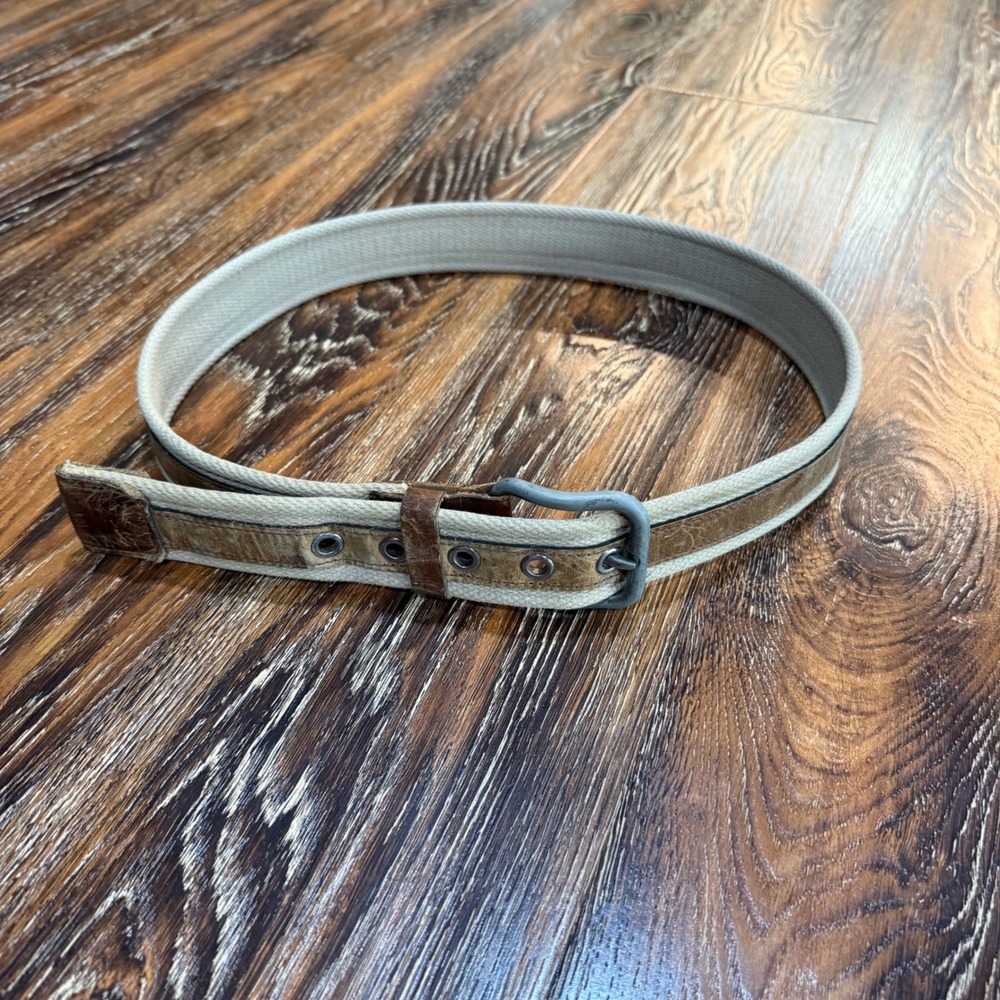 Y2K Mens Canvas Leather Belt Khaki Brown Size 34
